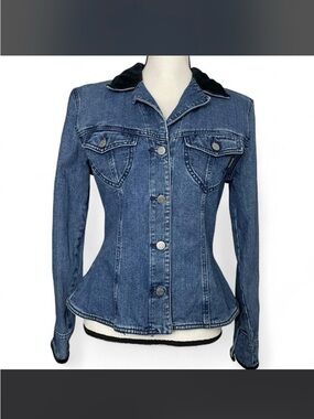 Guess Women's Blue Denim Jacket with Black Collar—Peplum Flare